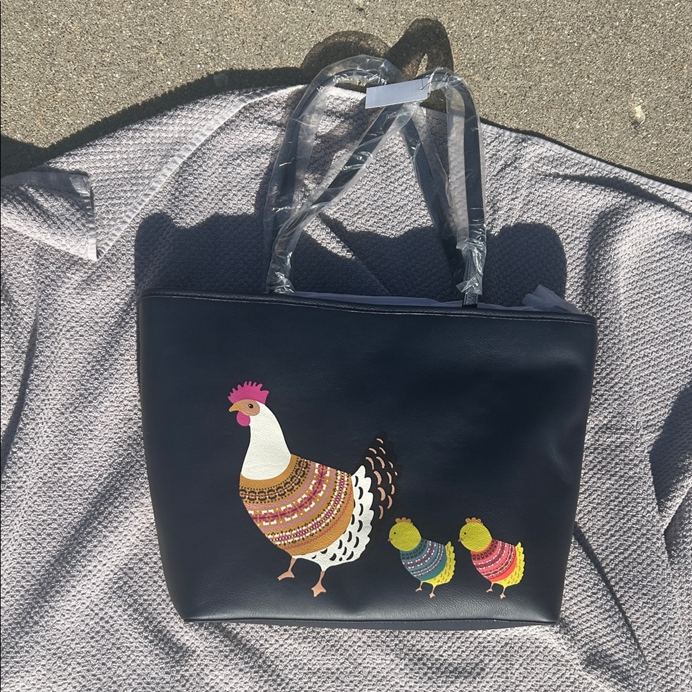 Dark Navy or Black Bag with Colorful Chicken Design